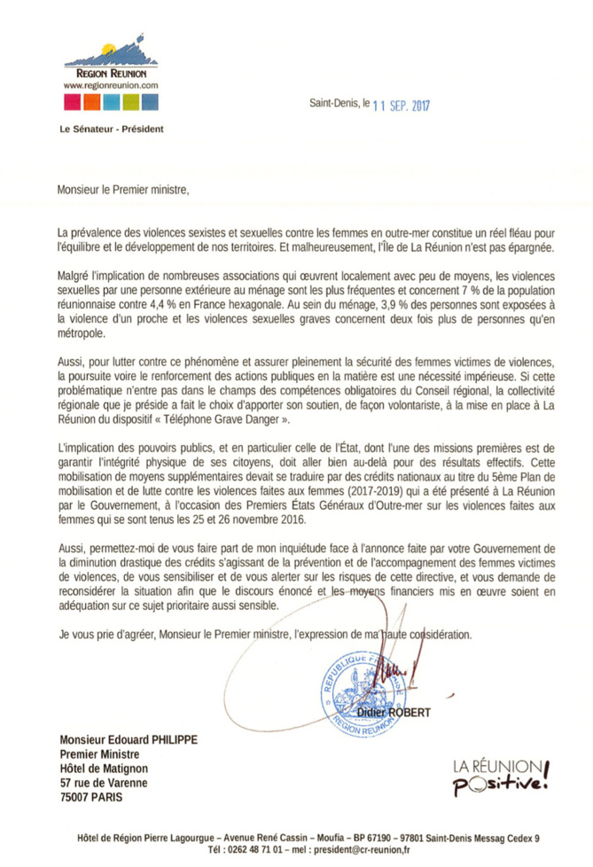 Violences sexistes et sexuelles contre les femmes en outre-mer, Didier Robert alerte le premier Ministre Violences sexistes et sexuelles contre les femmes en outre-mer, Didier Robert alerte le premier Ministre