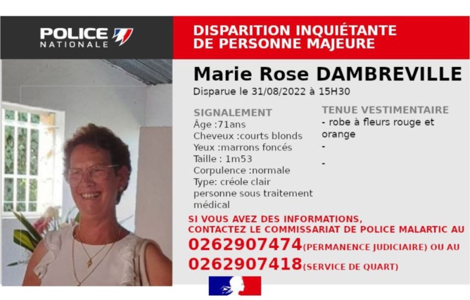 Marie-Rose Dambreville a disparu ce mercredi 31 août à 15H30 dans le secteur de la Bretagne à Saint-Denis