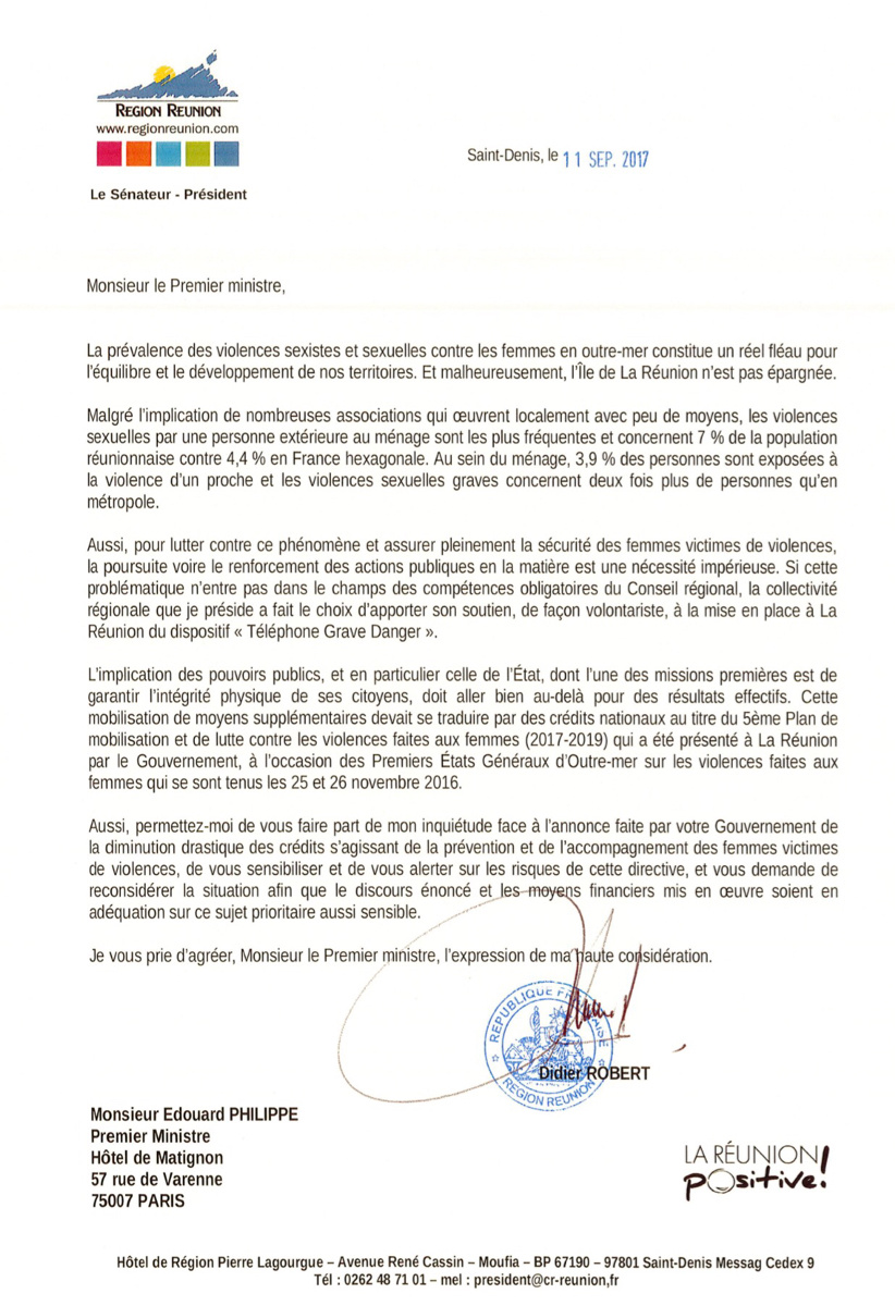 Violences sexistes et sexuelles contre les femmes en outre-mer, Didier Robert alerte le premier Ministre Violences sexistes et sexuelles contre les femmes en outre-mer, Didier Robert alerte le premier Ministre